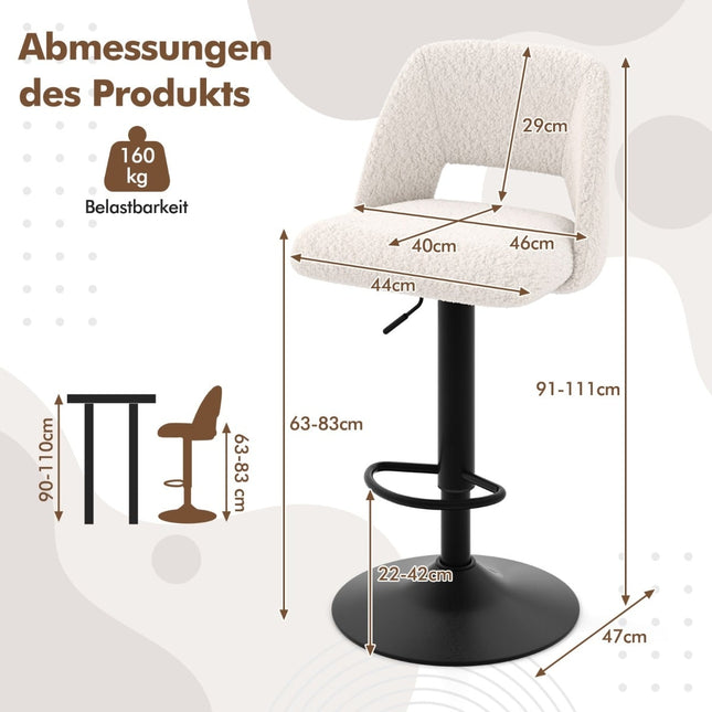 2er-Set verstellbare Barhocker aus Teddy-Stoff mit Rückenlehne