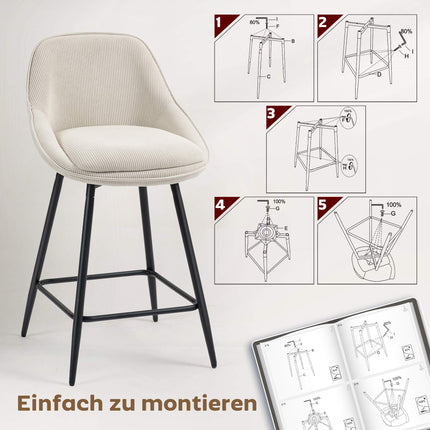 2-Piece Bar Stool Set, Corduroy, Steel Legs, Cream