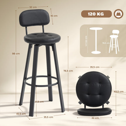 2-Piece Black Faux Leather Bar Stools, Swivel, Footrest