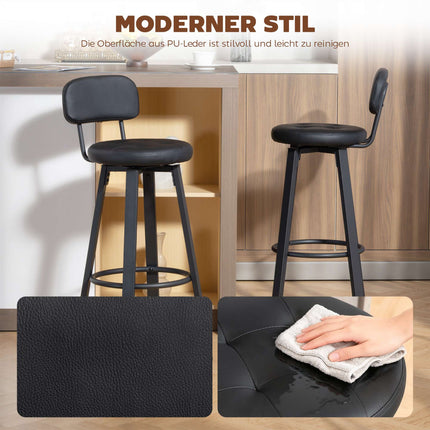 2-Piece Black Faux Leather Bar Stools, Swivel, Footrest