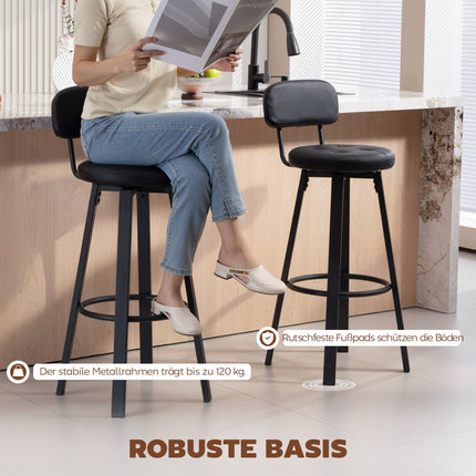 2-Piece Black Faux Leather Bar Stools, Swivel, Footrest