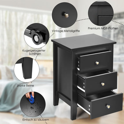 2-Piece Black Nightstand Set with 3 Drawers, 46x37x65 cm