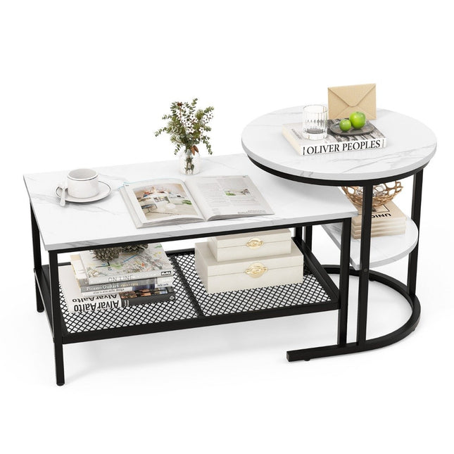 2-teiliges Couchtisch-Set mit Kunstmarmorplatten