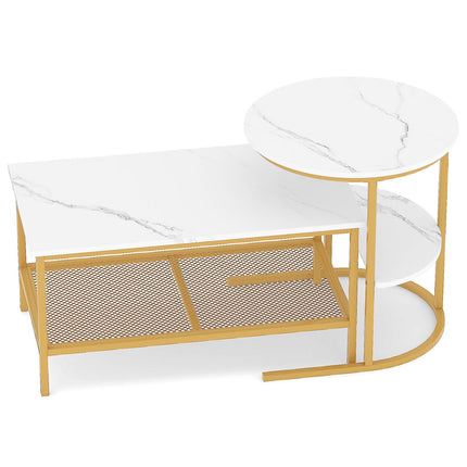 2-teiliges Couchtisch-Set mit Kunstmarmorplatten, Weiß