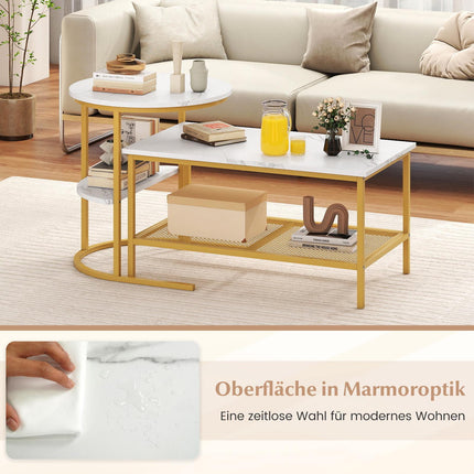 2-teiliges Couchtisch-Set mit Kunstmarmorplatten, Weiß