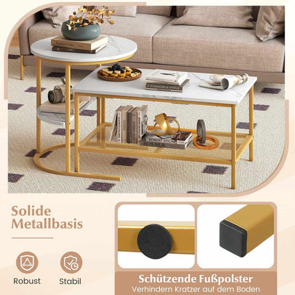 2-teiliges Couchtisch-Set mit Kunstmarmorplatten, Weiß
