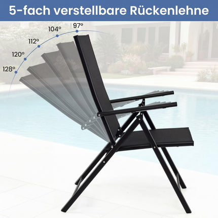 2-teilige klappbare Gartenstühle, verstellbare Rückenlehne, Schwarz