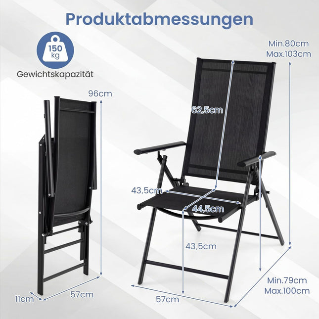2-teilige klappbare Gartenstühle, verstellbare Rückenlehne, Schwarz