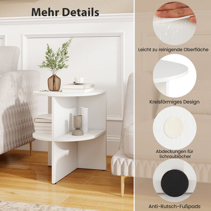 2-teiliges Halbmond-Beistelltisch-Set, 2 Ebenen, Weiß, 38x38x48,5 cm