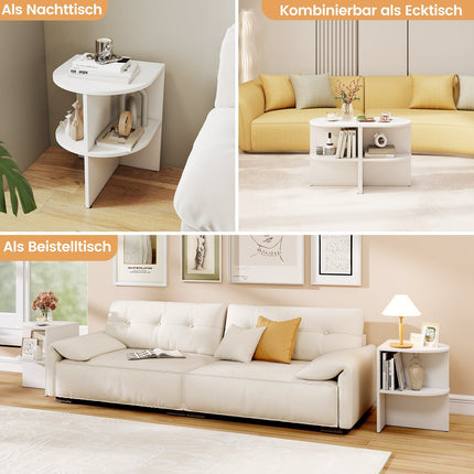 2-teiliges Halbmond-Beistelltisch-Set, 2 Ebenen, Weiß, 38x38x48,5 cm