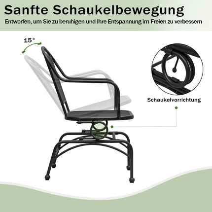 2-teilige Metall-Schaukelstühle für die Terrasse, Schwarz, atmungsaktives Netz