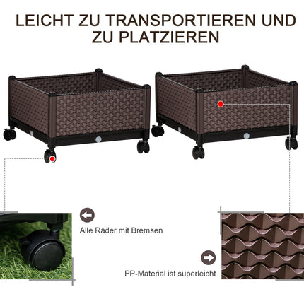 Erhöhtes Gartenbeet mit Rollen – 2-teiliges Kunststoff-Set, braun