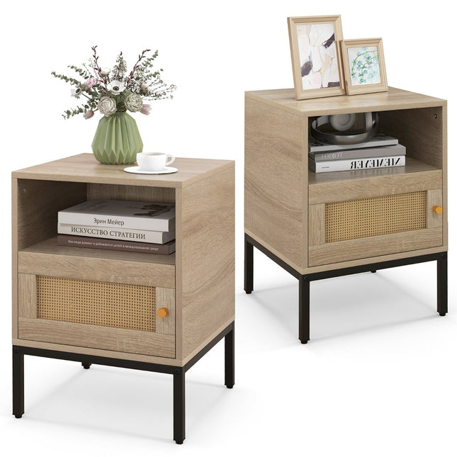 2-teiliges Nachttisch-Set aus Rattan mit Ablage & Schrank