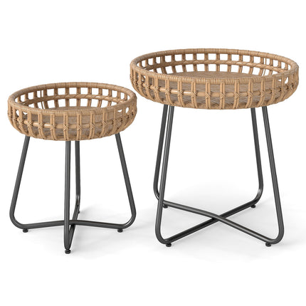 2-Piece Round Outdoor Rattan Side Table Set with Metal Frame