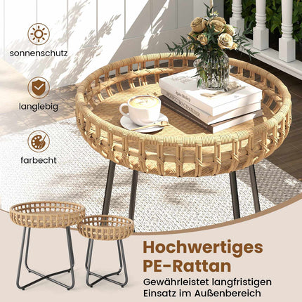 2-Piece Round Outdoor Rattan Side Table Set with Metal Frame