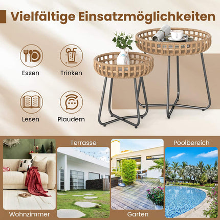 2-Piece Round Outdoor Rattan Side Table Set with Metal Frame