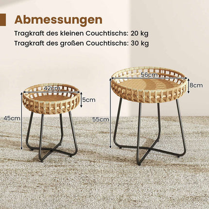 2-Piece Round Outdoor Rattan Side Table Set with Metal Frame