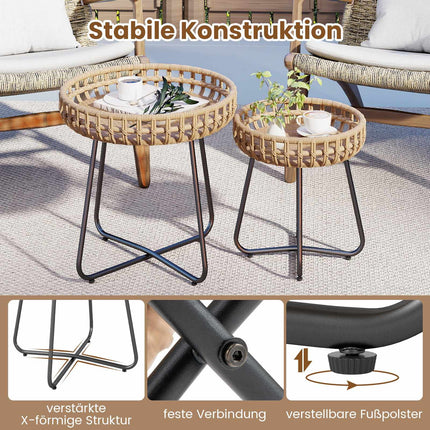 2-Piece Round Outdoor Rattan Side Table Set with Metal Frame