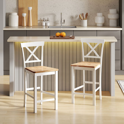 2-Piece Rubberwood Bar Stools, Oak & White, 60 cm Seat