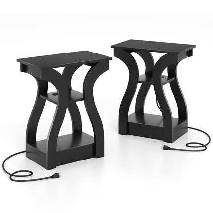 2-Piece Side Table Set with Charging Station, Black