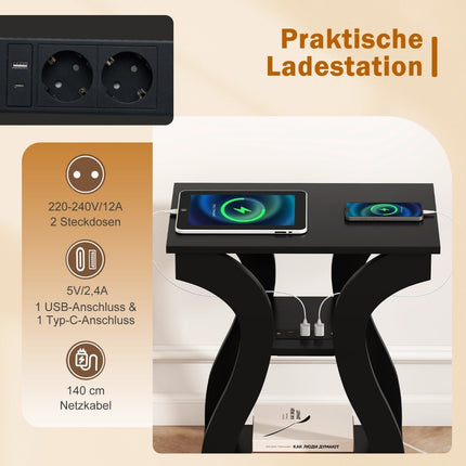 2-Piece Side Table Set with Charging Station, Black