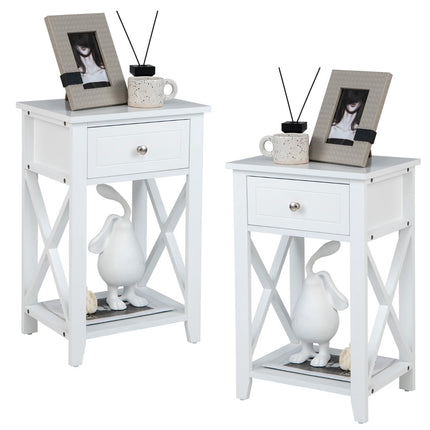 2-Piece White Nightstand Set with Drawer and Shelf