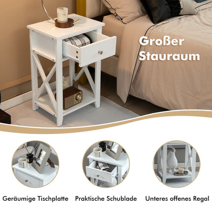 2-Piece White Nightstand Set with Drawer and Shelf