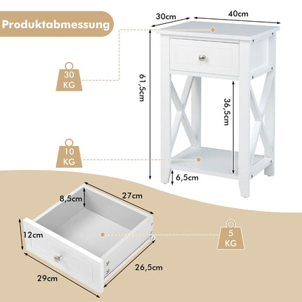 2-Piece White Nightstand Set with Drawer and Shelf