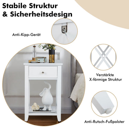 2-Piece White Nightstand Set with Drawer and Shelf