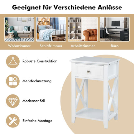2-Piece White Nightstand Set with Drawer and Shelf
