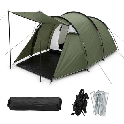 2-Room Tunnel Tent with Awning, Waterproof, Green
