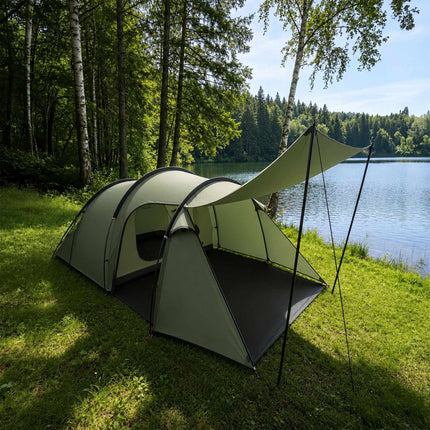 2-Room Tunnel Tent with Awning, Waterproof, Green
