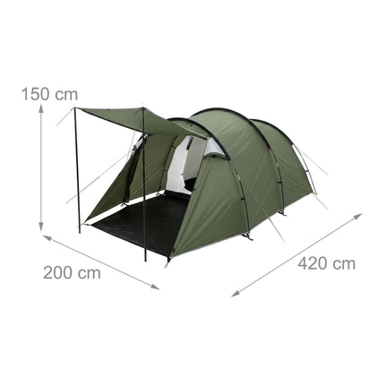 2-Room Tunnel Tent with Awning, Waterproof, Green