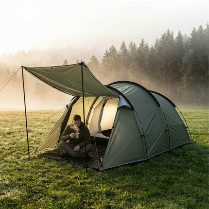 2-Room Tunnel Tent with Awning, Waterproof, Green