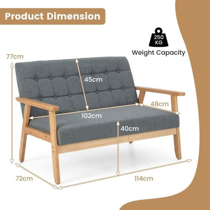 2-Seat Linen Loveseat Sofa, Tufted, Rubberwood Frame