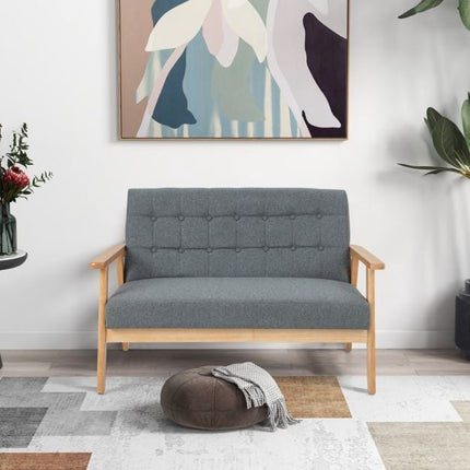 2-Seat Linen Loveseat Sofa, Tufted, Rubberwood Frame