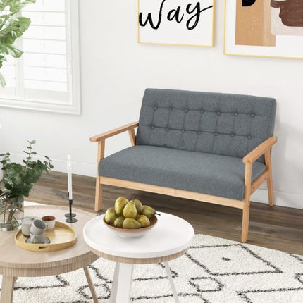 2-Seat Linen Loveseat Sofa, Tufted, Rubberwood Frame
