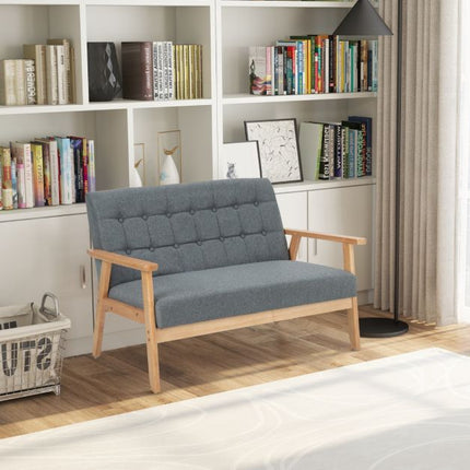 2-Seat Linen Loveseat Sofa, Tufted, Rubberwood Frame