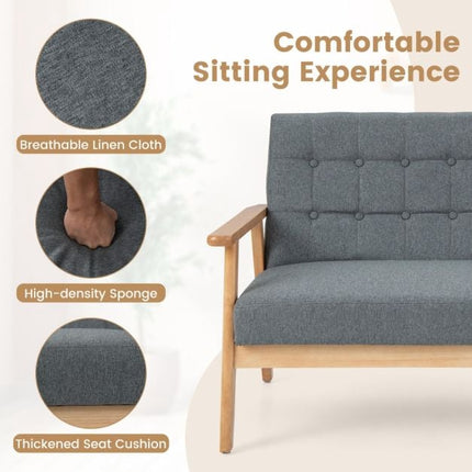 2-Seat Linen Loveseat Sofa, Tufted, Rubberwood Frame