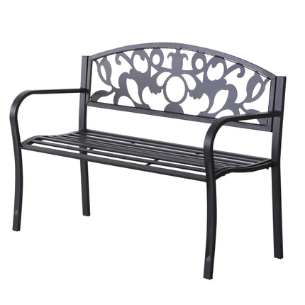 Outdoor metal garden bench, black 2-seater with armrests