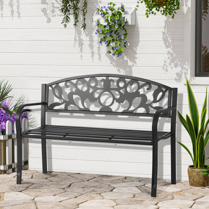 Outdoor metal garden bench, black 2-seater with armrests