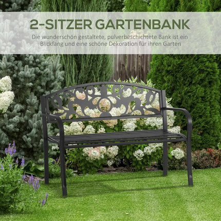 Outdoor metal garden bench, black 2-seater with armrests