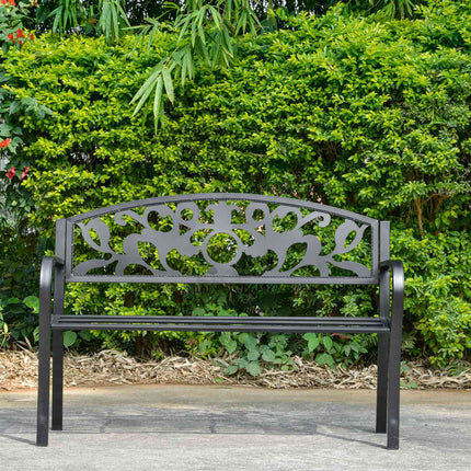 Outdoor metal garden bench, black 2-seater with armrests