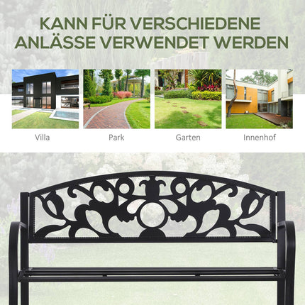Outdoor metal garden bench, black 2-seater with armrests