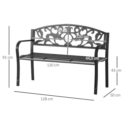 Outdoor metal garden bench, black 2-seater with armrests
