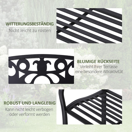 Outdoor metal garden bench, black 2-seater with armrests