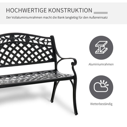 2-Seater Black Aluminum Garden Bench with Armrests