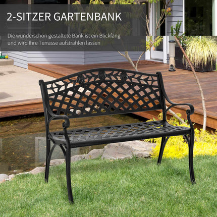 2-Seater Black Aluminum Garden Bench with Armrests
