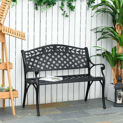 2-Seater Black Aluminum Garden Bench with Armrests