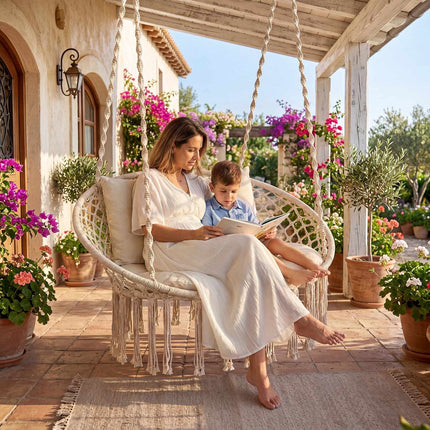 2-Seater Boho Hanging Chair with Cushions, Beige